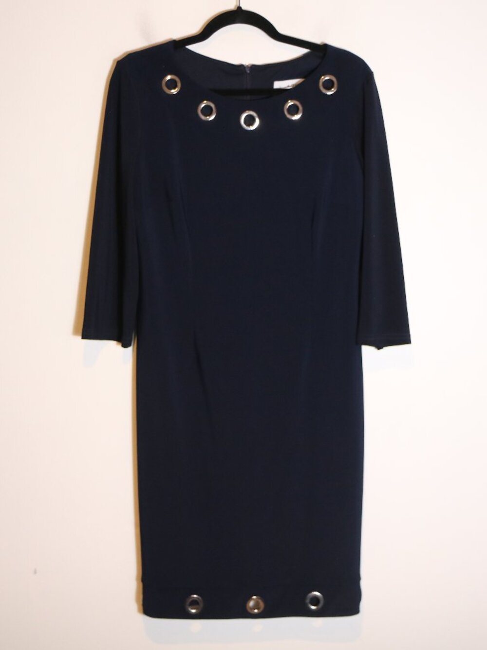 Joseph Ribkoff Jersey Knit Navy Silver Grommet Trim Sheath Dress 12 Stretch Knee